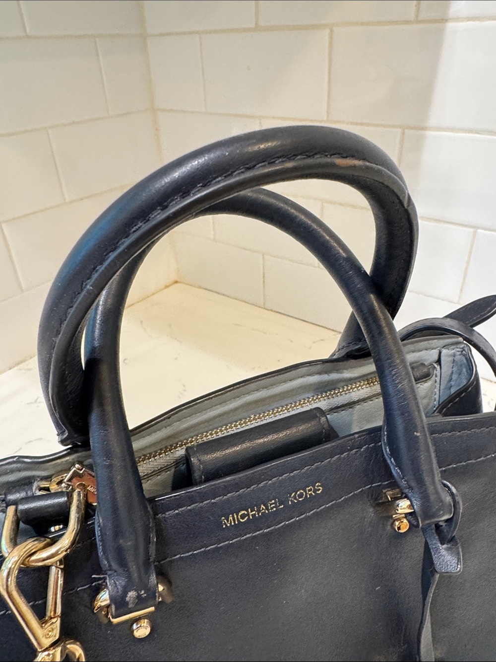 Michael Kors Navy Leather Satchel with Gold Hardware - Picture 7 of 16